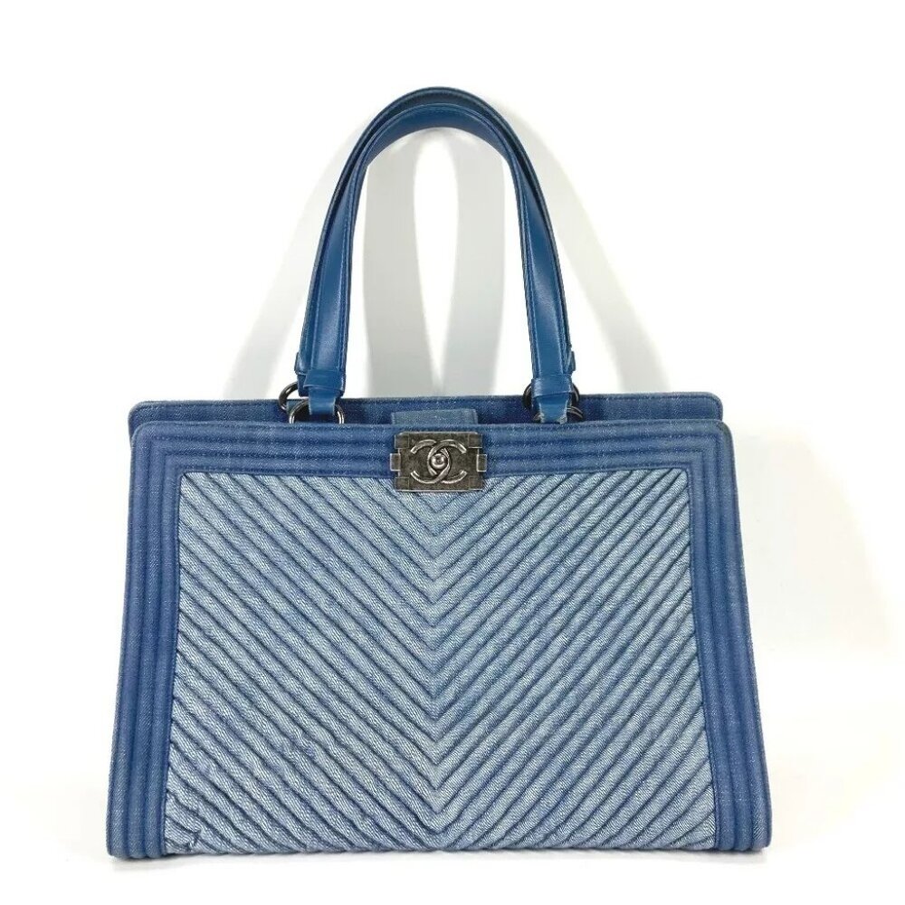 CHANEL Boy Chanel V-Stitch Bag Shoulder Bag Tote Bag Canvas Blue Based